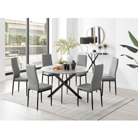 Furniturebox Novara Grey Concrete Effect 120cm Round Dining Table with Black Starburst Legs & 6 Grey Milan Faux Leather Chairs