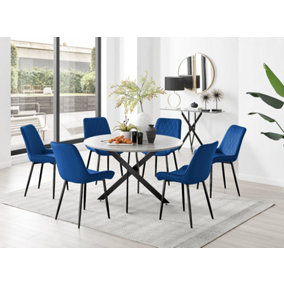 Furniturebox Novara Grey Concrete Effect 120cm Round Dining Table with Black Starburst Legs & 6 Navy Pesaro Velvet Chairs