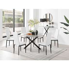 Furniturebox Novara Grey Concrete Effect 120cm Round Dining Table with Black Starburst Legs & 6 White Milan Faux Leather Chairs