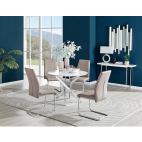 Furniturebox Novara White High Gloss 100cm Round Dining Table with Chrome Starburst Legs & 4 Beige Lorenzo Faux Leather Chairs