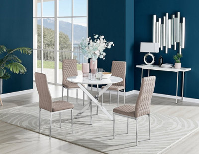 Furniturebox Novara White High Gloss 100cm Round Dining Table with Chrome Starburst Legs & 4 Beige Milan Faux Leather Chairs