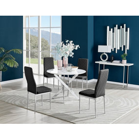 Furniturebox Novara White High Gloss 100cm Round Dining Table with Chrome Starburst Legs & 4 Black Milan Faux Leather Chairs
