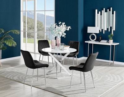 Furniturebox Novara White High Gloss 100cm Round Dining Table with Chrome Starburst Legs & 4 Black Pesaro Velvet Chairs