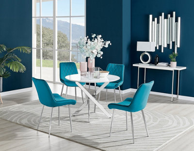 Furniturebox Novara White High Gloss 100cm Round Dining Table with Chrome Starburst Legs & 4 Blue Pesaro Velvet Chairs