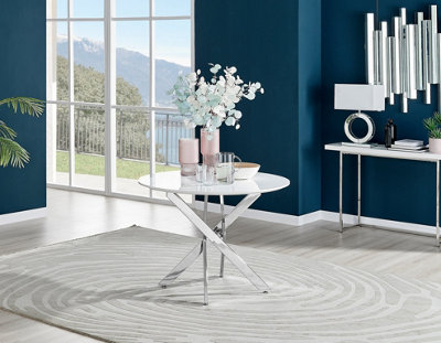 Furniturebox Novara White High Gloss 100cm Round Dining Table with Chrome Starburst Legs & 4 Blue Pesaro Velvet Chairs