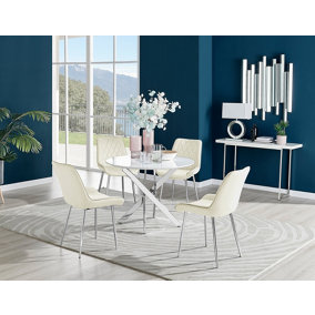 Furniturebox Novara White High Gloss 100cm Round Dining Table with Chrome Starburst Legs & 4 Cream Pesaro Velvet Chairs