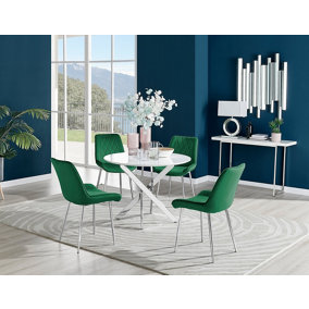 Furniturebox Novara White High Gloss 100cm Round Dining Table with Chrome Starburst Legs & 4 Green Pesaro Velvet Chairs