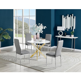 Furniturebox Novara White High Gloss 100cm Round Dining Table with Chrome Starburst Legs & 4 Grey Milan Faux Leather Chairs