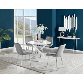 Furniturebox Novara White High Gloss 100cm Round Dining Table with Chrome Starburst Legs & 4 Grey Pesaro Velvet Chairs