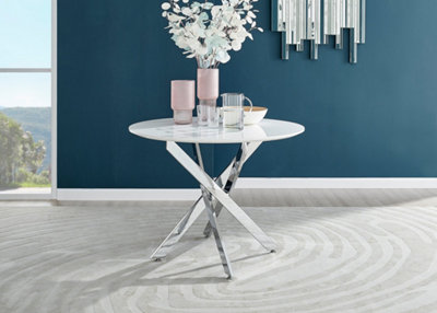 Furniturebox Novara White High Gloss 100cm Round Dining Table with Chrome Starburst Legs & 4 Grey Pesaro Velvet Chairs