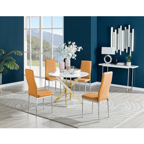 Furniturebox Novara White High Gloss 100cm Round Dining Table with Chrome Starburst Legs & 4 Mustard Milan Faux Leather Chairs