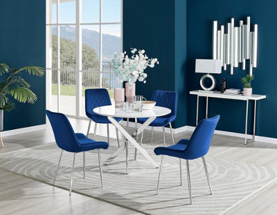Furniturebox Novara White High Gloss 100cm Round Dining Table with Chrome Starburst Legs & 4 Navy Pesaro Velvet Chairs