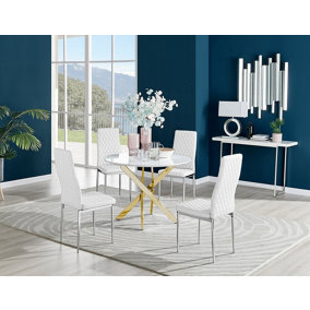 Furniturebox Novara White High Gloss 100cm Round Dining Table with Chrome Starburst Legs & 4 White Milan Faux Leather Chairs