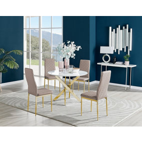 Furniturebox Novara White High Gloss 100cm Round Dining Table with Gold Starburst Legs & 4 Beige Milan Faux Leather Chairs