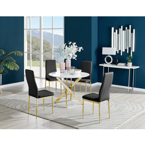 Furniturebox Novara White High Gloss 100cm Round Dining Table with Gold Starburst Legs & 4 Black Milan Faux Leather Chairs