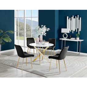 Furniturebox Novara White High Gloss 100cm Round Dining Table with Gold Starburst Legs & 4 Black Pesaro Velvet Chairs