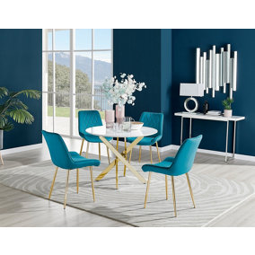 Furniturebox Novara White High Gloss 100cm Round Dining Table with Gold Starburst Legs & 4 Blue Pesaro Velvet Chairs