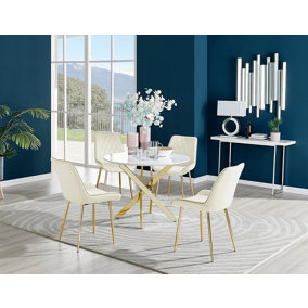 Furniturebox Novara White High Gloss 100cm Round Dining Table with Gold Starburst Legs & 4 Cream Pesaro Velvet Chairs
