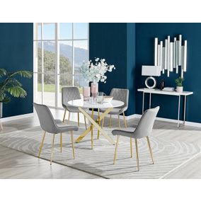 Furniturebox Novara White High Gloss 100cm Round Dining Table with Gold Starburst Legs & 4 Grey Pesaro Velvet Chairs