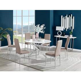 Furniturebox Novara White High Gloss 120cm Round Dining Table with Chrome Starburst Legs & 6 Beige Milan Faux Leather Chairs