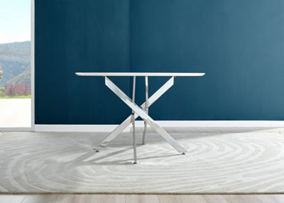 Furniturebox Novara White High Gloss 120cm Round Dining Table with Chrome Starburst Legs & 6 Black Lorenzo Faux Leather Chairs