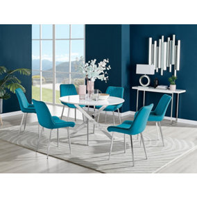Furniturebox Novara White High Gloss 120cm Round Dining Table with Chrome Starburst Legs & 6 Blue Pesaro Velvet Chairs