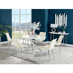Furniturebox Novara White High Gloss 120cm Round Dining Table with Chrome Starburst Legs & 6 Cream Pesaro Velvet Chairs