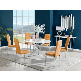 Furniturebox Novara White High Gloss 120cm Round Dining Table with Chrome Starburst Legs & 6 Mustard Milan Faux Leather Chairs
