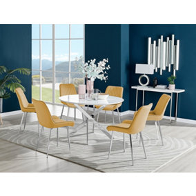 Furniturebox Novara White High Gloss 120cm Round Dining Table with Chrome Starburst Legs & 6 Mustard Pesaro Velvet Chairs