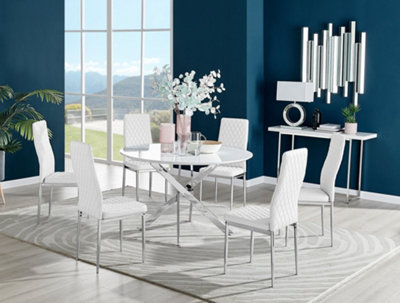 Furniturebox Novara White High Gloss 120cm Round Dining Table with Chrome Starburst Legs & 6 White Milan Faux Leather Chairs