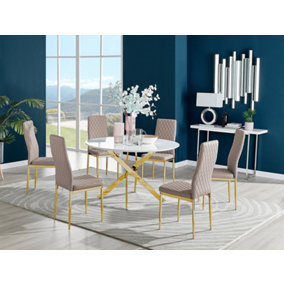 Furniturebox Novara White High Gloss 120cm Round Dining Table with Gold Starburst Legs & 6 Beige Milan Faux Leather Chairs