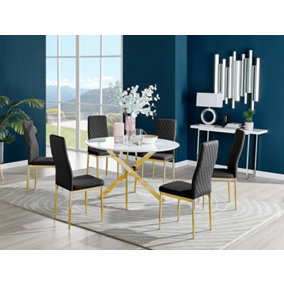 Furniturebox Novara White High Gloss 120cm Round Dining Table with Gold Starburst Legs & 6 Black Milan Faux Leather Chairs