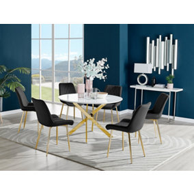 Furniturebox Novara White High Gloss 120cm Round Dining Table with Gold Starburst Legs & 6 Black Pesaro Velvet Chairs