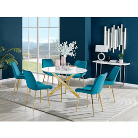 Furniturebox Novara White High Gloss 120cm Round Dining Table with Gold Starburst Legs & 6 Blue Pesaro Velvet Chairs