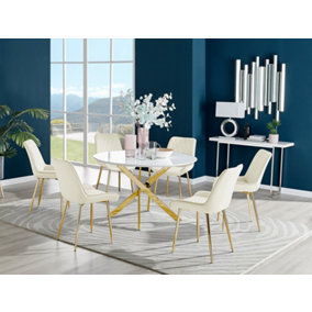 Furniturebox Novara White High Gloss 120cm Round Dining Table with Gold Starburst Legs & 6 Cream Pesaro Velvet Chairs