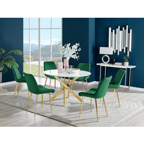 Furniturebox Novara White High Gloss 120cm Round Dining Table with Gold Starburst Legs & 6 Green Pesaro Velvet Chairs