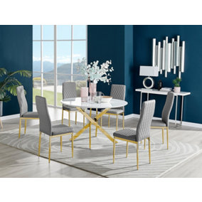 Furniturebox Novara White High Gloss 120cm Round Dining Table with Gold Starburst Legs & 6 Grey Milan Faux Leather Chairs