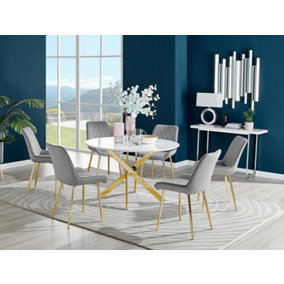 Furniturebox Novara White High Gloss 120cm Round Dining Table with Gold Starburst Legs & 6 Grey Pesaro Velvet Chairs