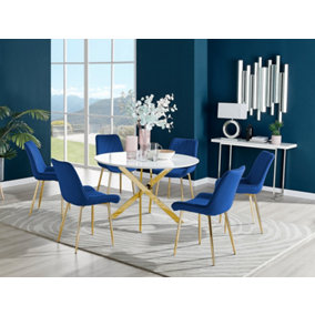 Furniturebox Novara White High Gloss 120cm Round Dining Table with Gold Starburst Legs & 6 Navy Pesaro Velvet Chairs