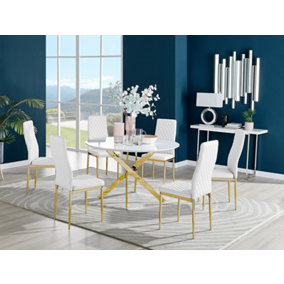 Furniturebox Novara White High Gloss 120cm Round Dining Table with Gold Starburst Legs & 6 White Milan Faux Leather Chairs