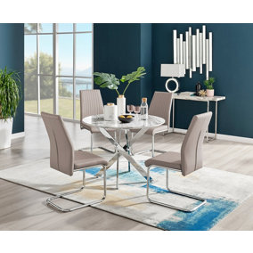 Furniturebox Novara White Marble Effect 100cm Round Dining Table with Chrome Starburst Legs & 4 Beige Faux Leather Lorenzo Chairs