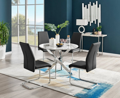 Furniturebox Novara White Marble Effect 100cm Round Dining Table with Chrome Starburst Legs & 4 Black Faux Leather Lorenzo Chairs