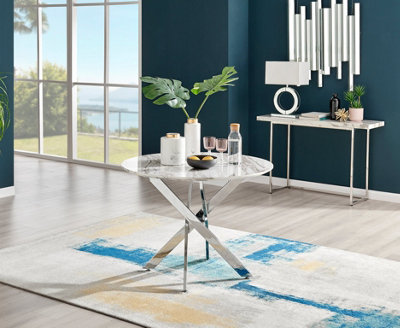 Furniturebox Novara White Marble Effect 100cm Round Dining Table with Chrome Starburst Legs & 4 Black Faux Leather Lorenzo Chairs