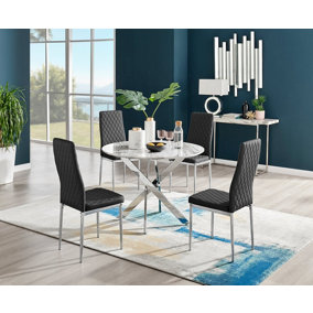 Furniturebox Novara White Marble Effect 100cm Round Dining Table with Chrome Starburst Legs & 4 Black Faux Leather Milan Chairs