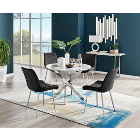 Furniturebox Novara White Marble Effect 100cm Round Dining Table with Chrome Starburst Legs & 4 Black Velvet Pesaro Chairs