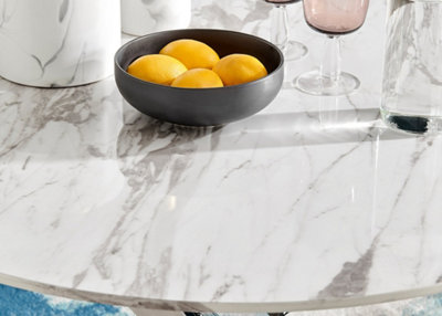 Furniturebox Novara White Marble Effect 100cm Round Dining Table with Chrome Starburst Legs & 4 Cream Velvet Pesaro Chairs