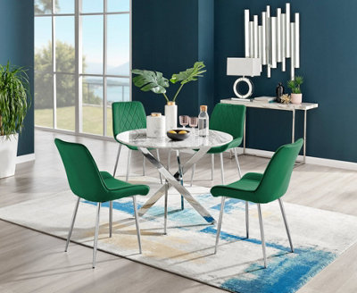 Furniturebox Novara White Marble Effect 100cm Round Dining Table with Chrome Starburst Legs & 4 Green Velvet Pesaro Chairs