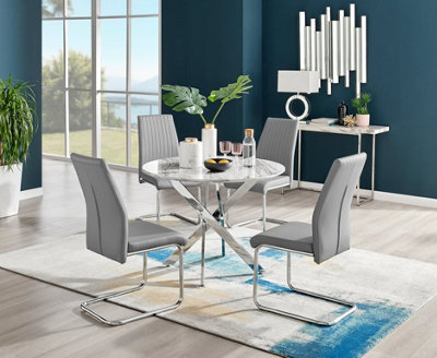 Furniturebox Novara White Marble Effect 100cm Round Dining Table with Chrome Starburst Legs & 4 Grey Faux Leather Lorenzo Chairs