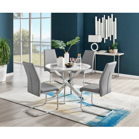 Furniturebox Novara White Marble Effect 100cm Round Dining Table with Chrome Starburst Legs & 4 Grey Faux Leather Lorenzo Chairs
