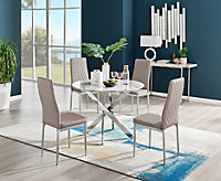 Furniturebox Novara White Marble Effect 100cm Round Dining Table with Chrome Starburst Legs & 4 Grey Faux Leather Milan Chairs